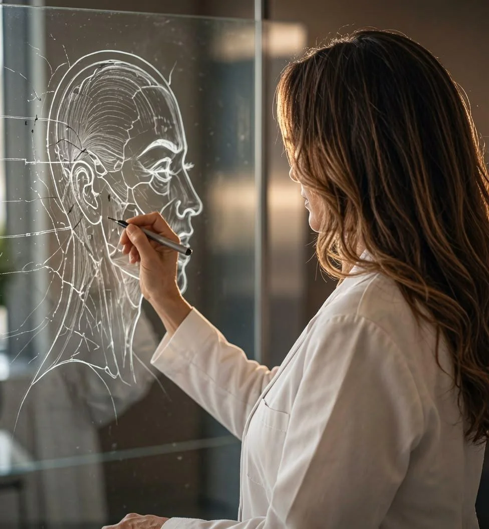 La Dra. Alexandra Mora analizando la estructura facial sobre una superficie de cristal, en Bogotá
