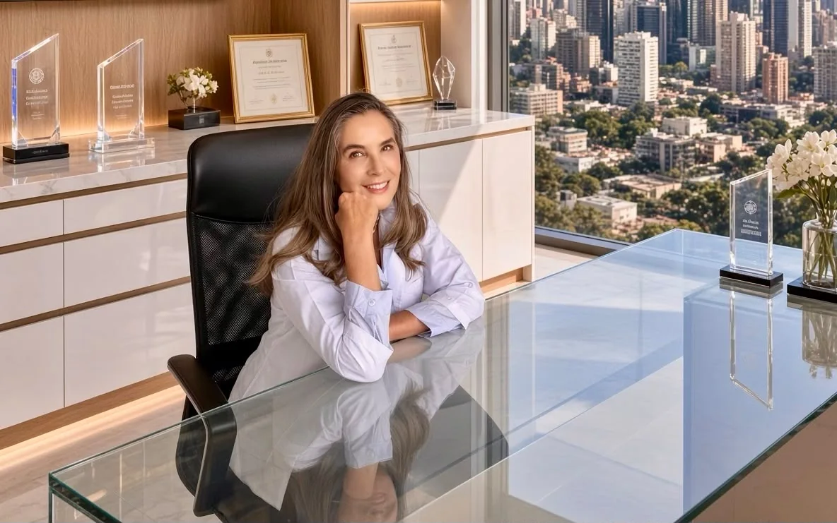Dr. Alexandra Mora in her office in Bogotá, with her awards and the city in the background