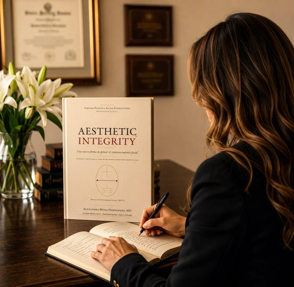 Dr. Alexandra Mora reviewing and noting a treatment plan beside the book Aesthetic Integrity™, in Bogotá
