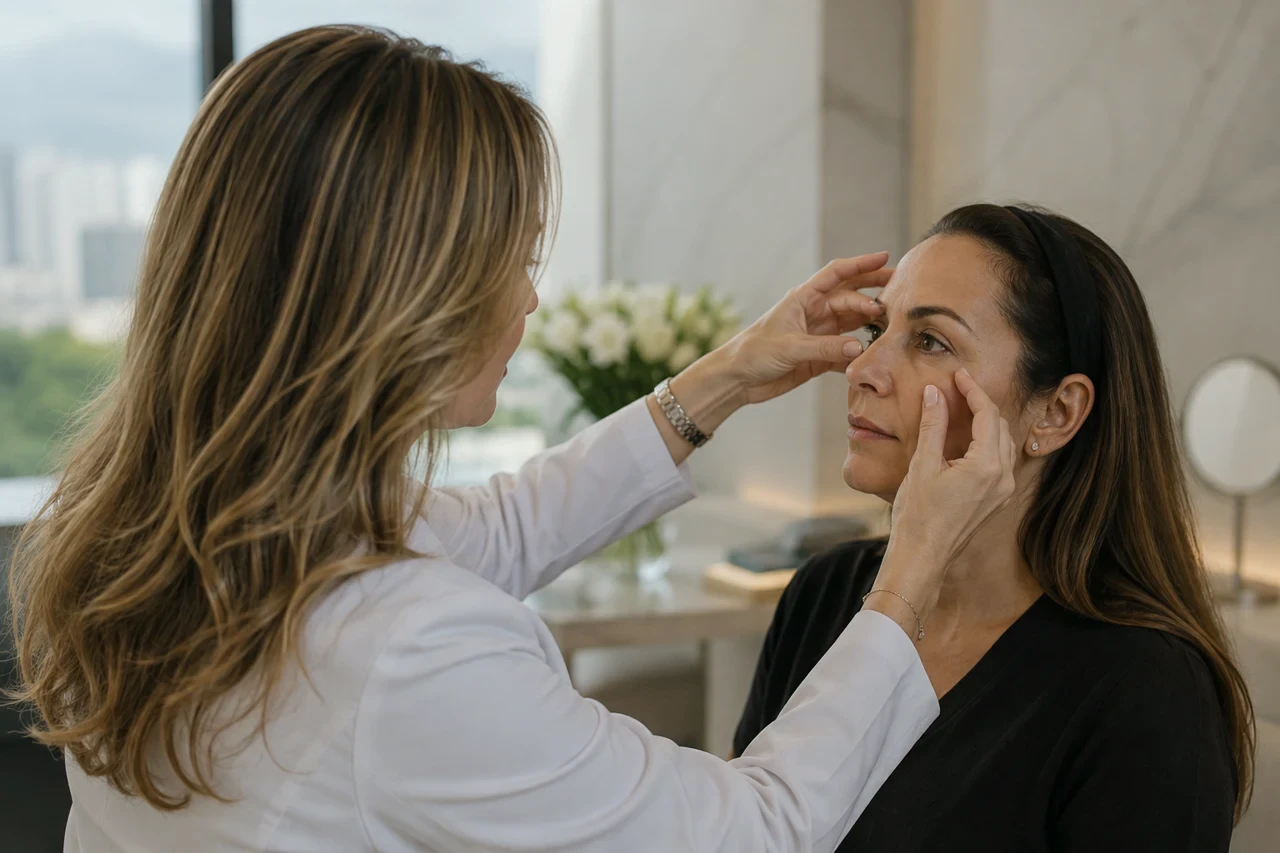 La Dra. Alexandra Mora evaluando la región periocular de una paciente — ceja, párpado y mejilla como una sola unidad, Bogotá