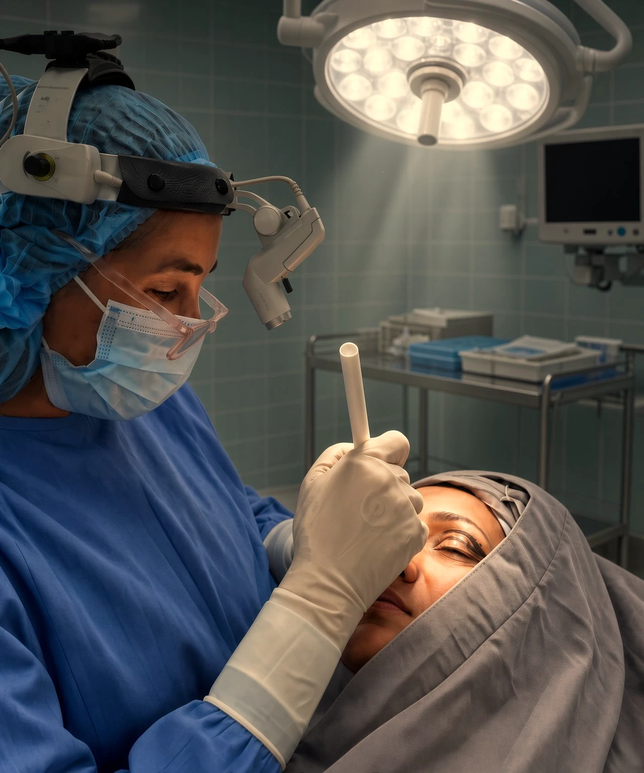 Cirujana en quirófano durante un procedimiento periocular, con precisión sobre la región del párpado, Bogotá