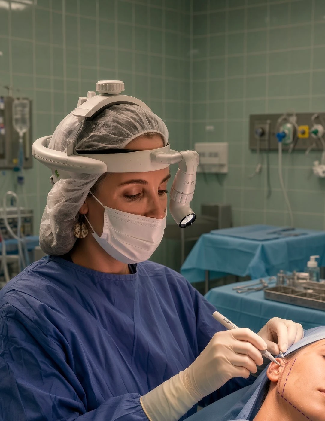 Surgeon marking the facial planes on a patient's face in the operating room — lateral planning of the Deep Plane Facelift, Bogotá
