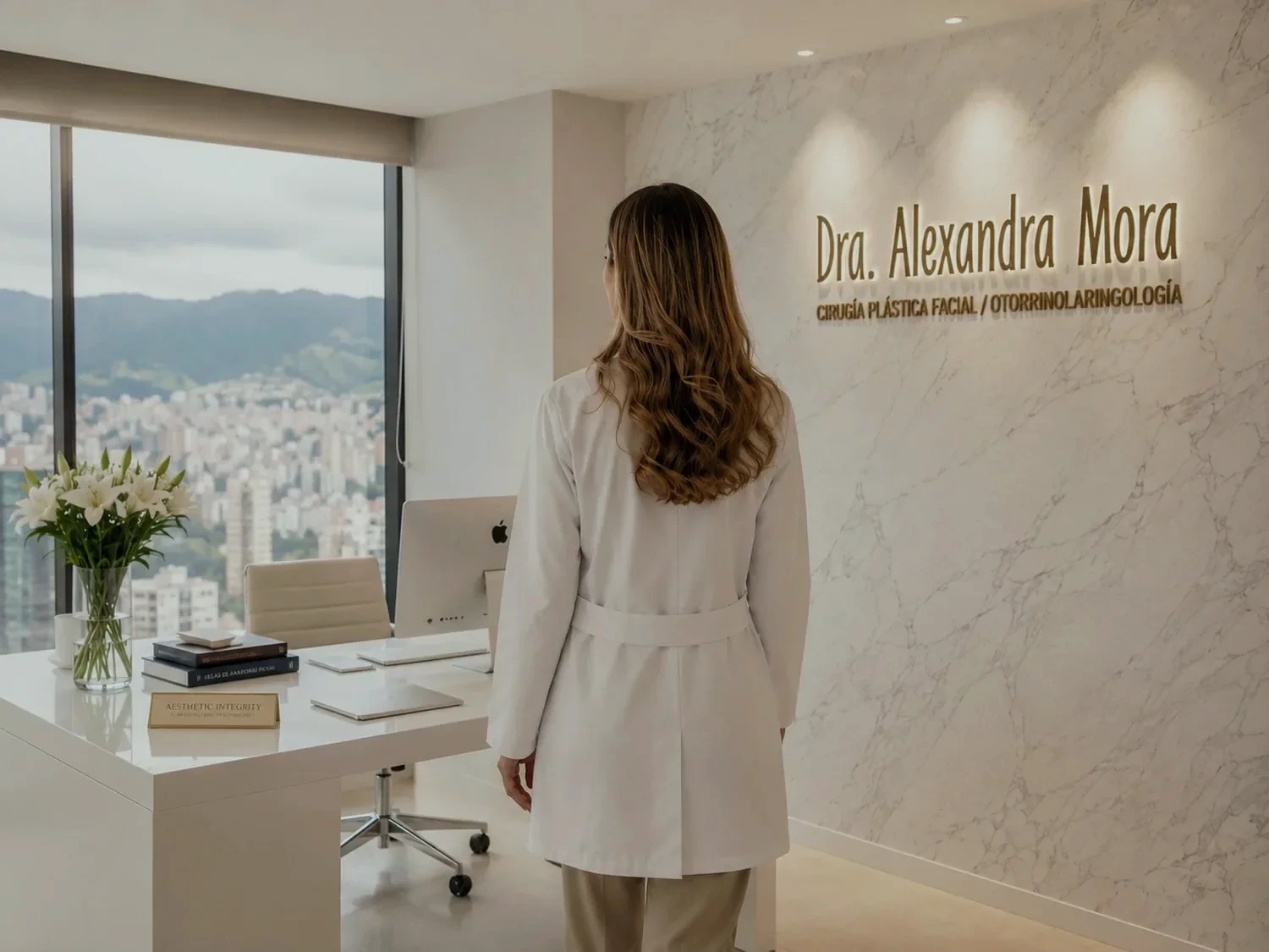 Dr. Alexandra Mora in her office in Bogotá, seen from behind, with her name on the wall — the place from which she builds her institutional relationships