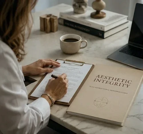 Dr. Alexandra Mora at her desk with her books —Aesthetic Integrity, facial anatomy and facial plastic surgery— and her clinical-criteria notes